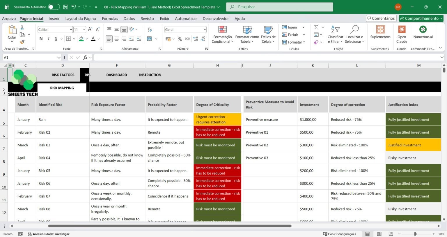 Fine Risk Method Risk Mapping (William T. Fine Method) Excel Spreadsheet Template ...